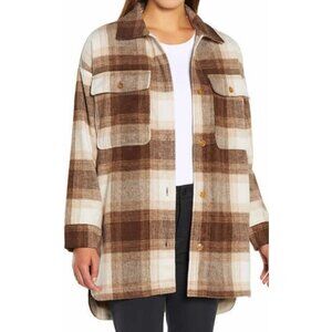 Banana Republic Women's Long Sleeve Brown Plaid‎ Wool Blend Shacket With Pockets